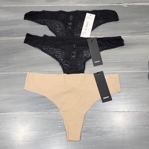 DKNY Thong Panties Underwear Black Lace Tan Seamless‎ 3 Pair Large